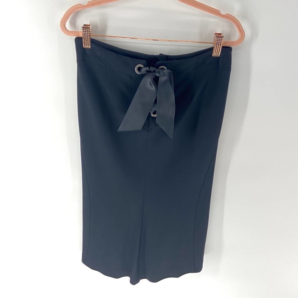 Valentino Black Silky Pencil Knee Length Skirt Ribbon Lace up front womens 6